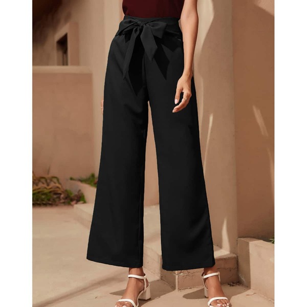 

Solid Wide Leg Belted Pants, Black