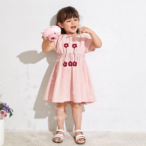 

Toddler Girls Floral Embroidery Striped Dress, Baby pink