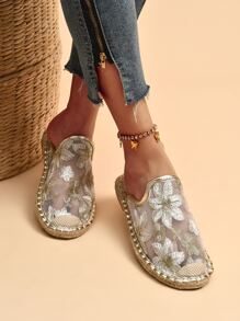 Floral Embroidery Espadrille Flat Mules - Gold - View 1