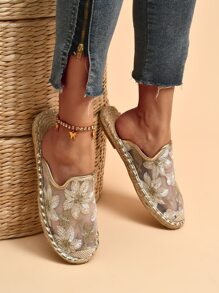 Floral Embroidery Espadrille Flat Mules - Gold - View 2