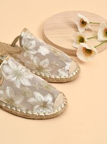 Floral Embroidery Espadrille Flat Mules - Gold - View 3