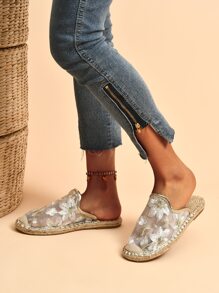 Floral Embroidery Espadrille Flat Mules - Gold - View 4