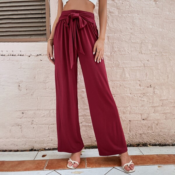 

Tie Front Wide Leg Pants, Burgundy