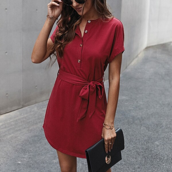 

Half Button Belted Tunic Dress, Burgundy