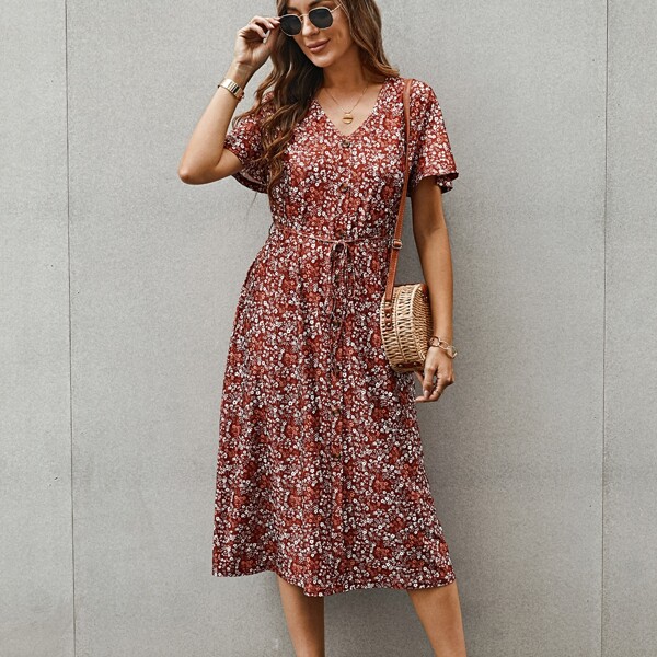 

Ditsy Floral Self Tie Button Front Dress, Multicolor