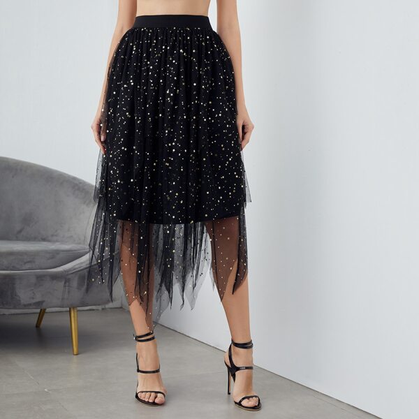 

Star Print High Waisted Asymmetrical Hem Mesh Skirt, Black