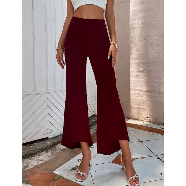 

Solid Cropped Flare Leg Pants, Burgundy