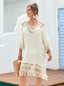 SHEIN Swim 流蘇邊透明罩衫不附帶比基尼泳裝 - 米色 - 查看 3