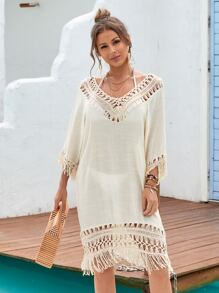 SHEIN Swim 流蘇邊透明罩衫不附帶比基尼泳裝 - 米色 - 查看 4