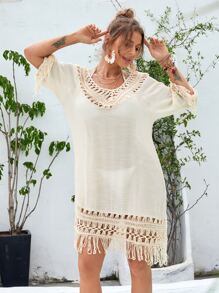 SHEIN Swim 流蘇邊透明罩衫不附帶比基尼泳裝 - 米色 - 查看 5