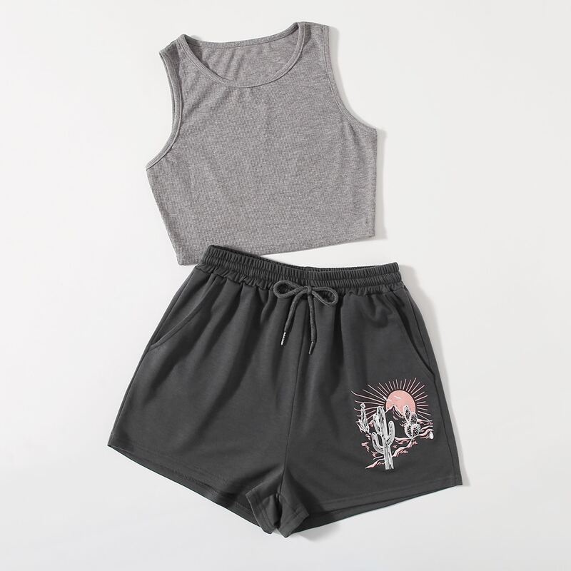 

Solid Tank Top & Cactus Graphic Shorts, Multicolor