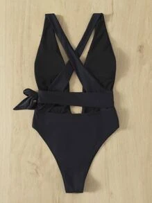 Knot Detail Plunging One Piece Swimsuit - Black - View 2
