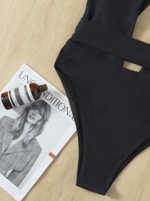 Knot Detail Plunging One Piece Swimsuit - Black - View 3