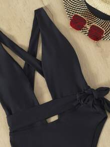 Knot Detail Plunging One Piece Swimsuit - Black - View 4