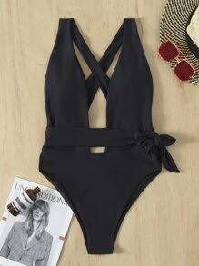 Knot Detail Plunging One Piece Swimsuit - Black - View 6