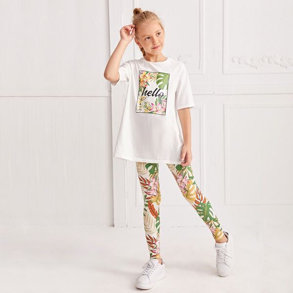

Girls Letter and Tropical Print Top & Leggings Set, Multicolor