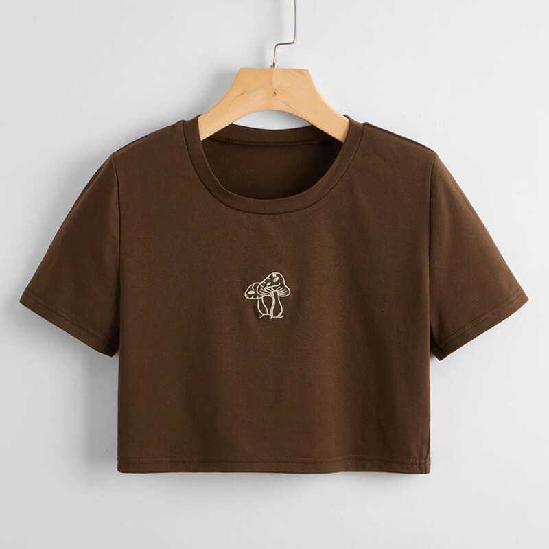 

Mushroom Embroidery Crop Tee, Coffee brown