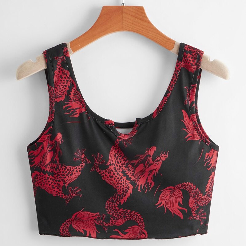 

Chinese Dragon Print Tank Top, Black