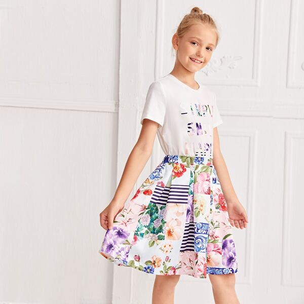 

Girls Letter Graphic Top & Patchwork Skirt Set, Multicolor