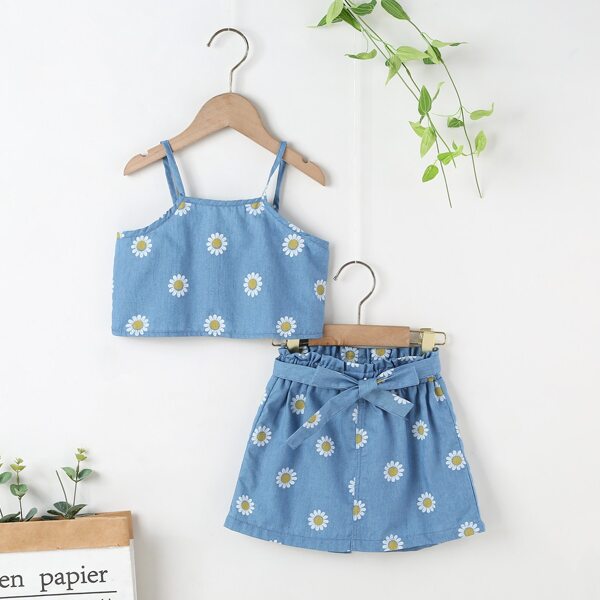 

Toddler Girls Floral Print Denim Cami Top & Belted Denim Skirt, Light wash