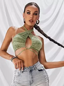 SHEIN Unity Knit ngọn Cắt ra Gợi cảm - màu xanh lá - Xem 1