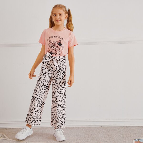 

Girls Letter and Leopard Top & Wide Leg Pants Set, Multicolor