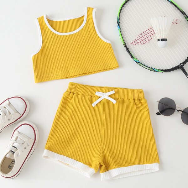 

Baby Girl Contrast Binding Tank Top & Shorts, Yellow