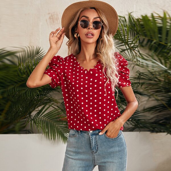 

Polka Dot Puff Sleeve Top, Burgundy