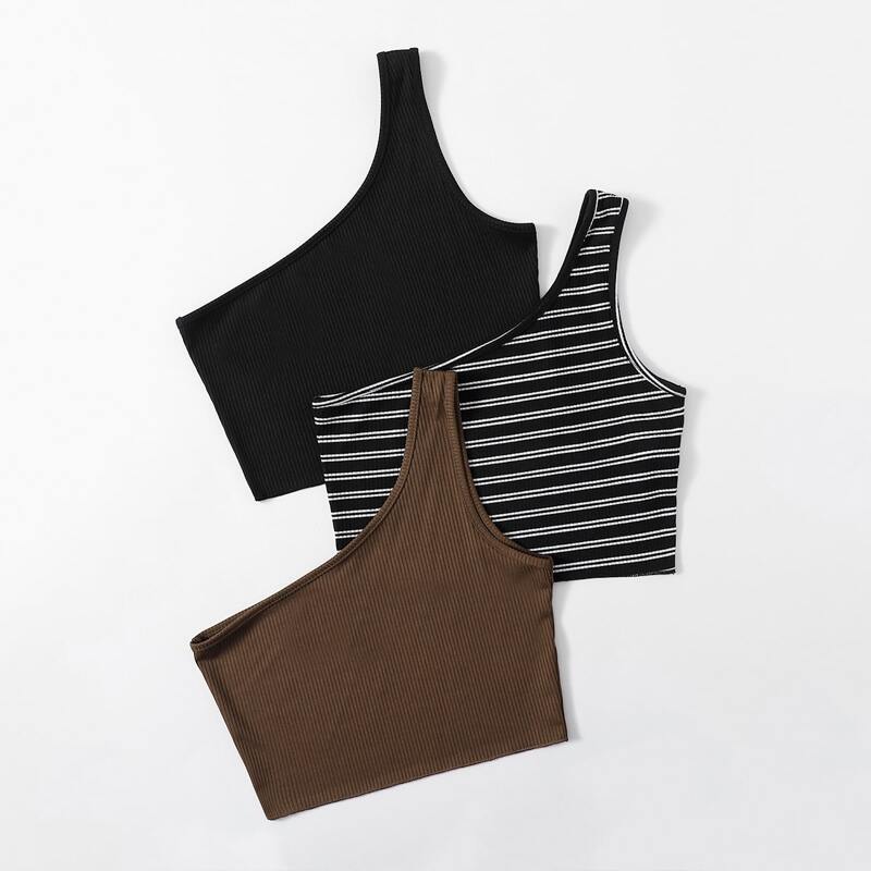 

3pcs One Shoulder Ribbed Top, Multicolor