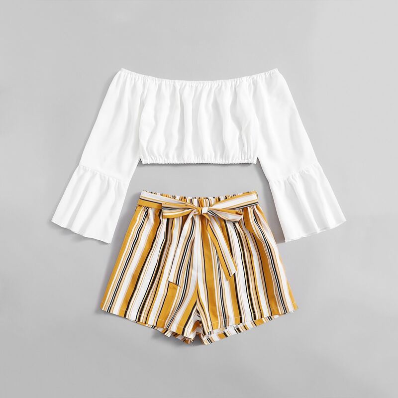 

Off The Shoulder Crop Top & Striped Belted Shorts, Multicolor