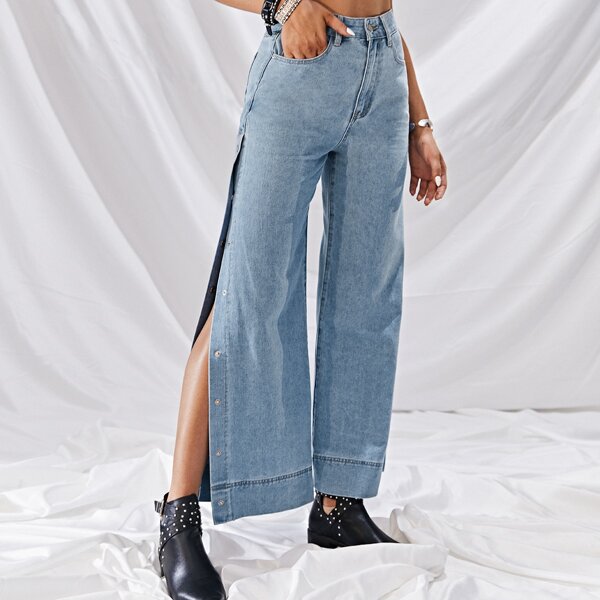 

Zipper Fly Button Side Wide Leg Jeans, Medium wash