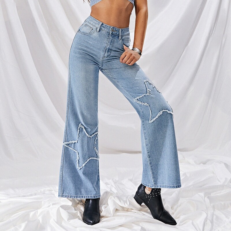 

Zipper Fly Star Pattern Wide Leg Jeans, Light wash