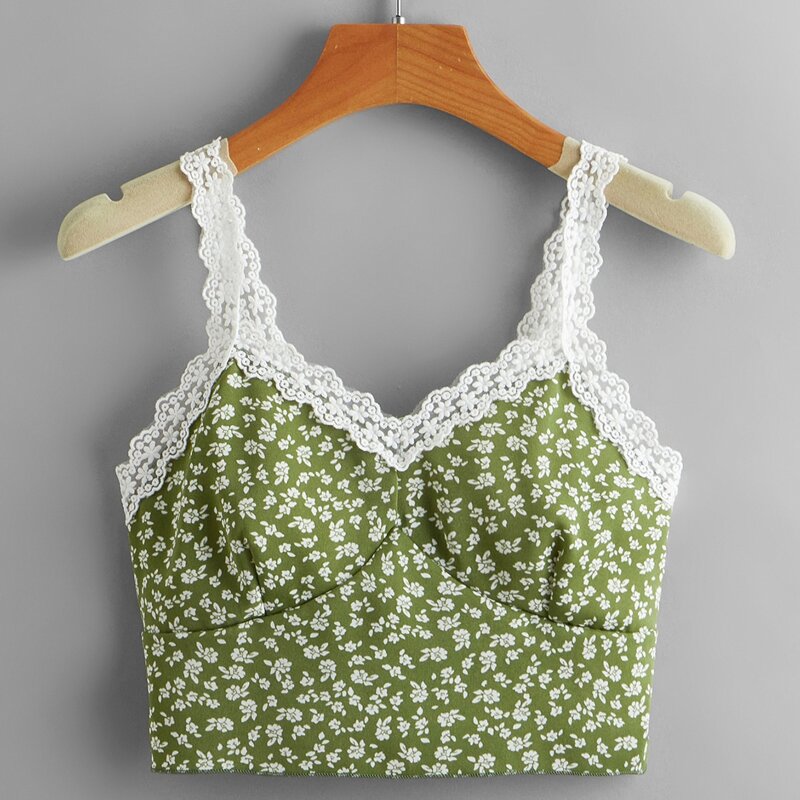 

Ditsy Floral Contrast Lace Shirred Cami, Green
