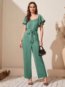 SHEIN Jumpsuit unicolor de espalda baja con cinturón - Verde - Ver 1