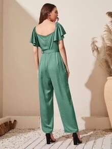 SHEIN Jumpsuit unicolor de espalda baja con cinturón - Verde - Ver 2