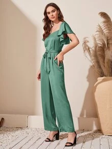 SHEIN Jumpsuit unicolor de espalda baja con cinturón - Verde - Ver 3