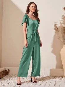 SHEIN Jumpsuit unicolor de espalda baja con cinturón - Verde - Ver 4