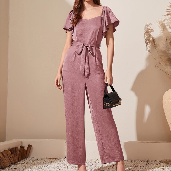 

Solid Low Back Belted Jumpsuit, Dusty pink