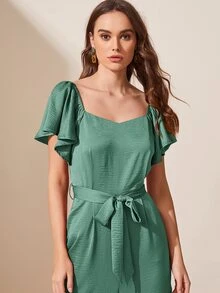 SHEIN Jumpsuit unicolor de espalda baja con cinturón - Verde - Ver 5