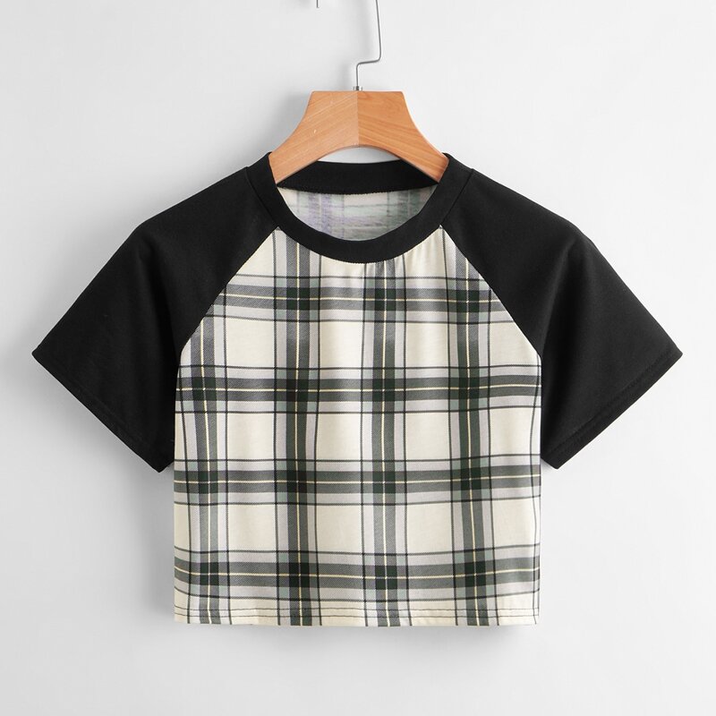 

Plaid Raglan Sleeve Crop Tee, Multicolor