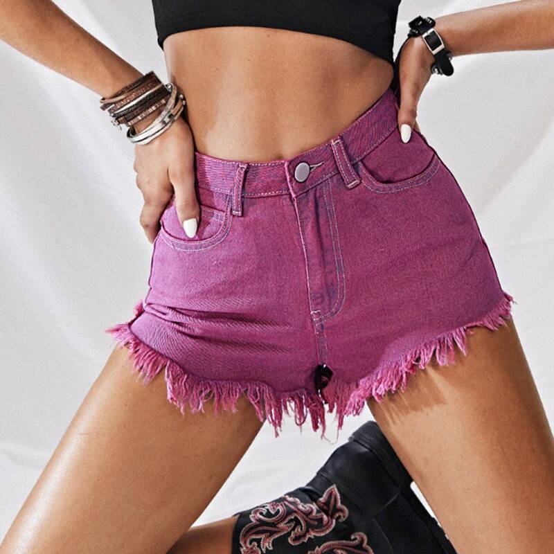 

High Waist Raw Hem Denim Shorts, Purple