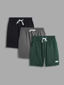 Manfinity Homme 男士三件套字母拼接抽绳腰短裤外出纯色短裤，适合送给老公、男朋友的礼物 - 彩色 - 查看 1