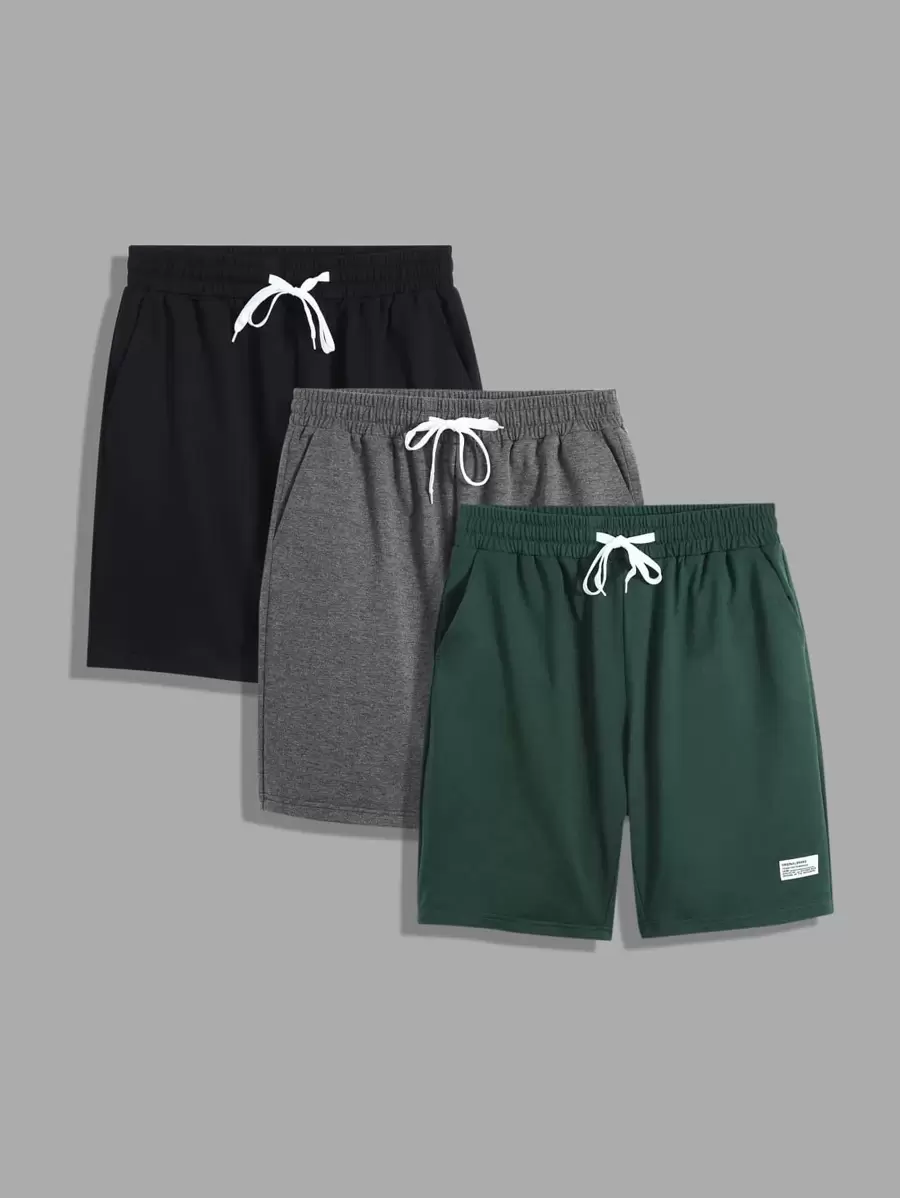 Manfinity Homme 男士三件套字母拼接抽绳腰短裤外出纯色短裤，适合送给老公、男朋友的礼物 - 彩色 - 查看 1