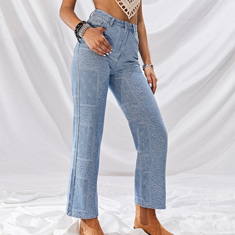 

High Waist Paisley Cropped Jeans, Light wash