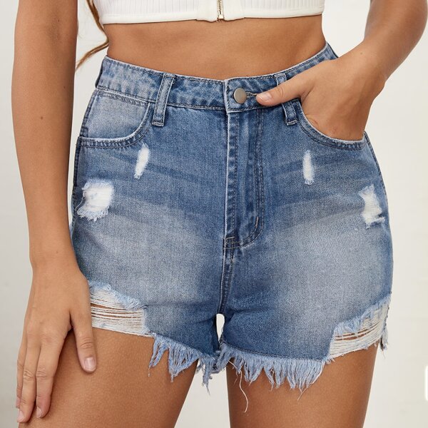 

Bleach Wash Ripped Denim Shorts, Medium wash