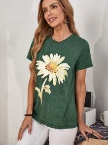 EMERY ROSE Floral Print Tee - Green - View 1