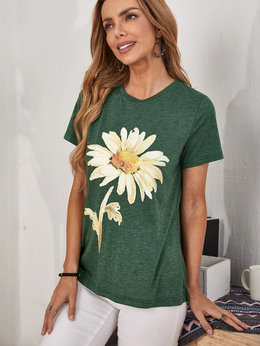 EMERY ROSE Floral Print Tee - Green - View 1