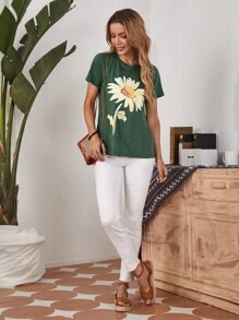EMERY ROSE Floral Print Tee - Green - View 5