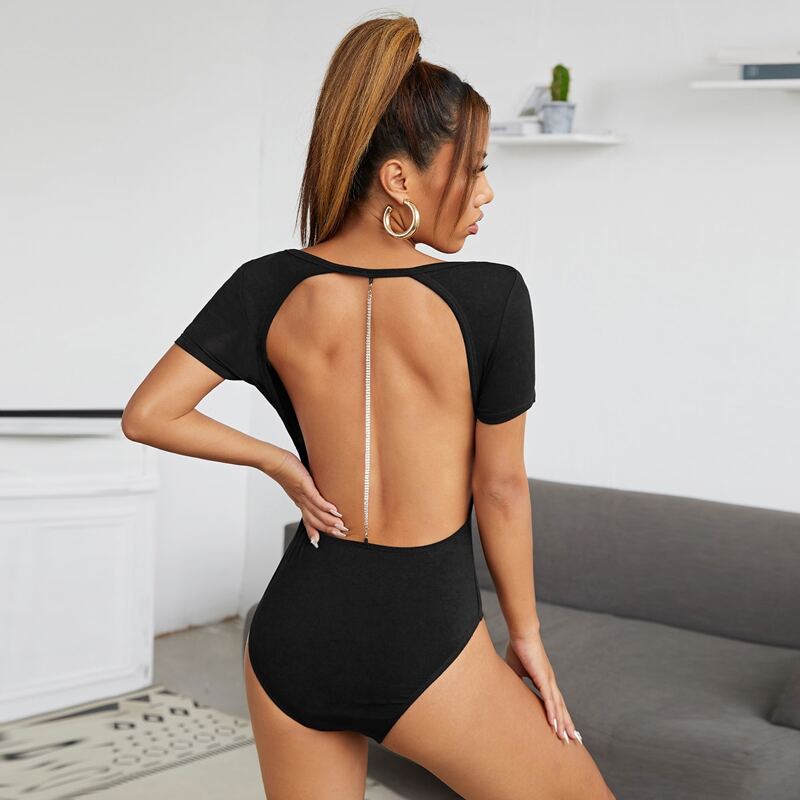 

Chain Detail Backless Scoop Neck Bodysuit, Black