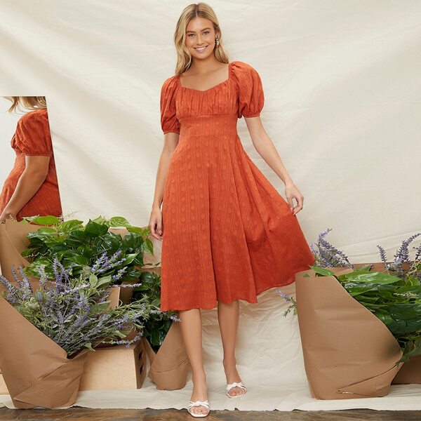 

Puff Sleeve Ruched Bust Shirred Tie Back Milkmaid Dress, Orange